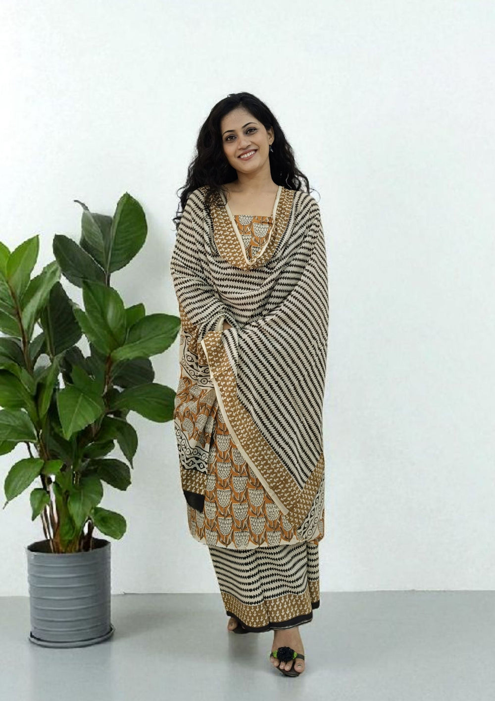 Bagru Handblock Print Suit B6 - Mustard2 - Wefta