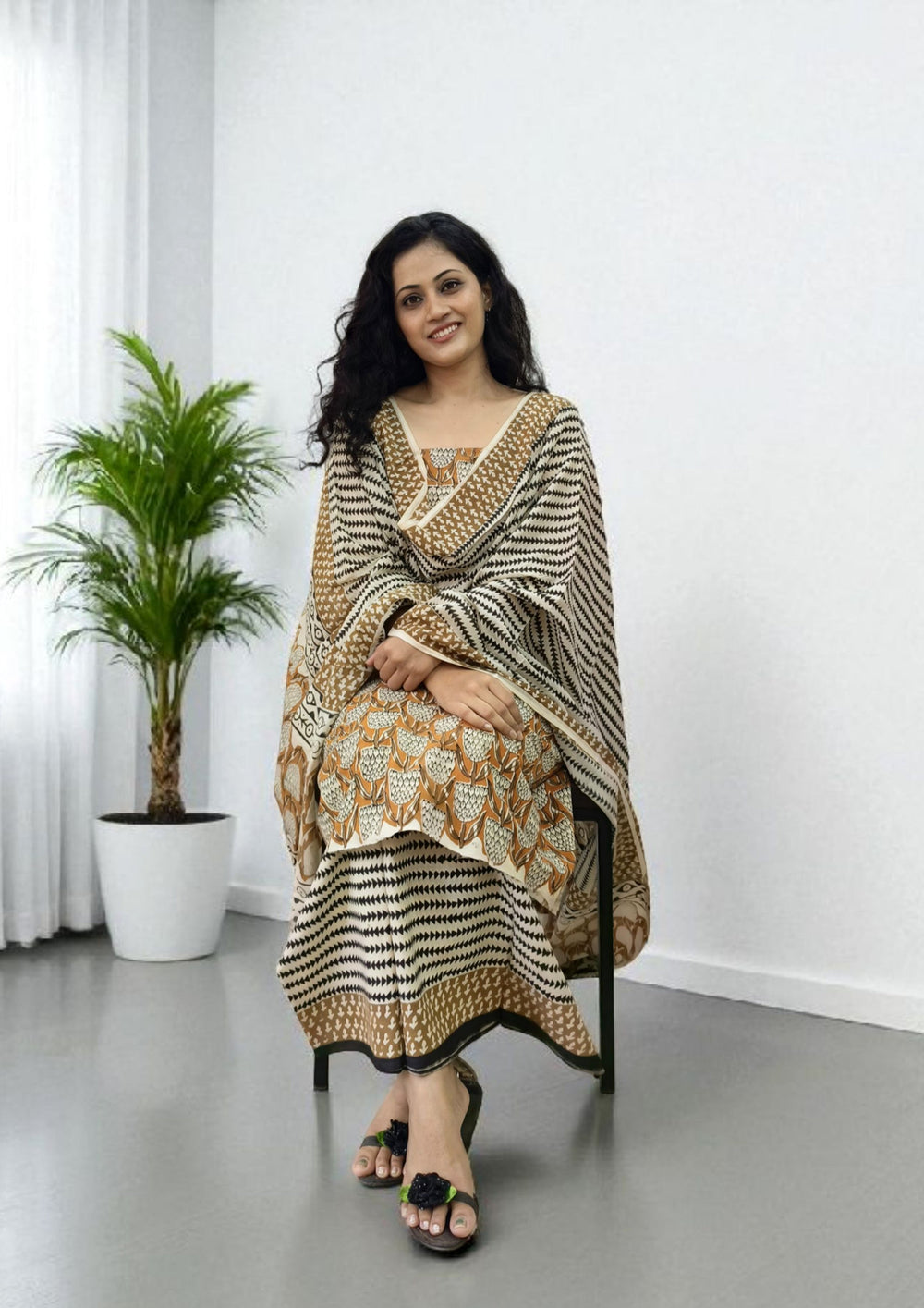 Bagru Handblock Print Suit B6 - Mustard2 - Wefta