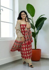 Bagru Handblock Print Suit B7 - Red3 - Wefta