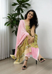 Bagru Handblock Print Suit B8 - Lime Yellow - Wefta