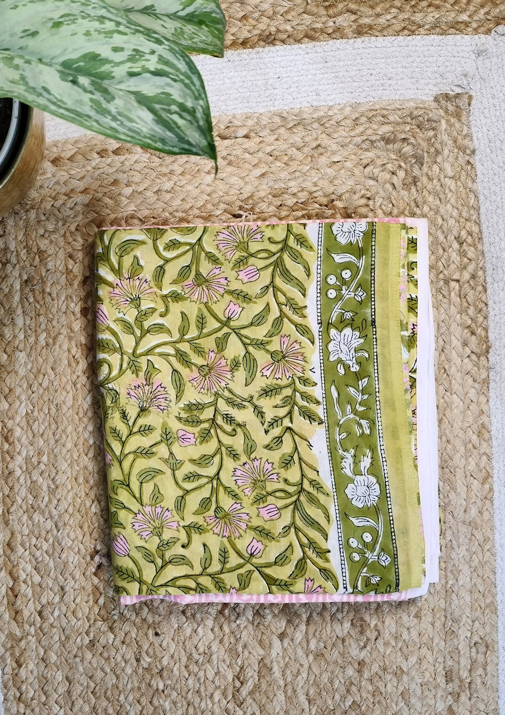 Bagru Handblock Print Suit B8 - Lime Yellow - Wefta