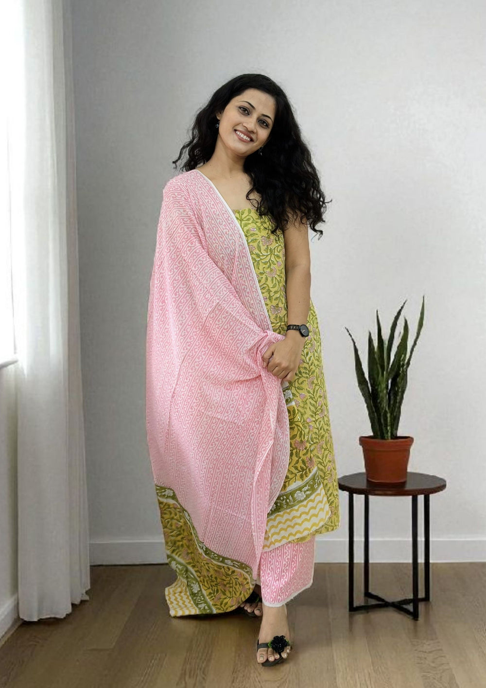 Bagru Handblock Print Suit B8 - Lime Yellow - Wefta