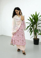 Bagru Handblock Print Suit B9 - White & Soft Pink - Wefta