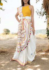 Bhujodi Kala Cotton Saree (Kutchi) - 1KC White Yellow - Wefta
