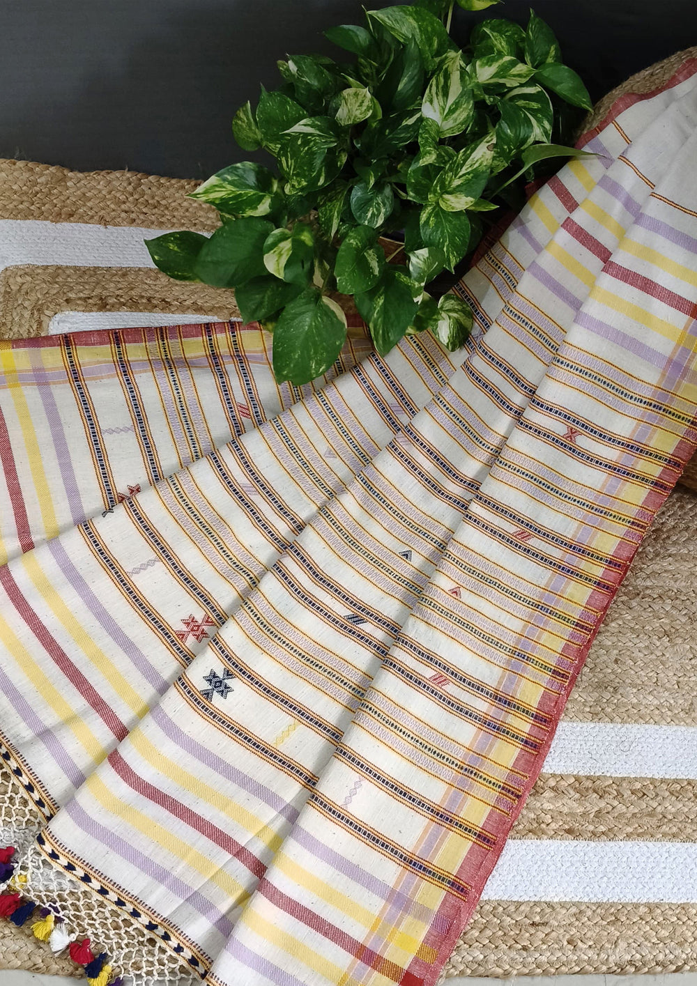 Bhujodi Kala Cotton Saree (Kutchi) - 1KC White Yellow - Wefta