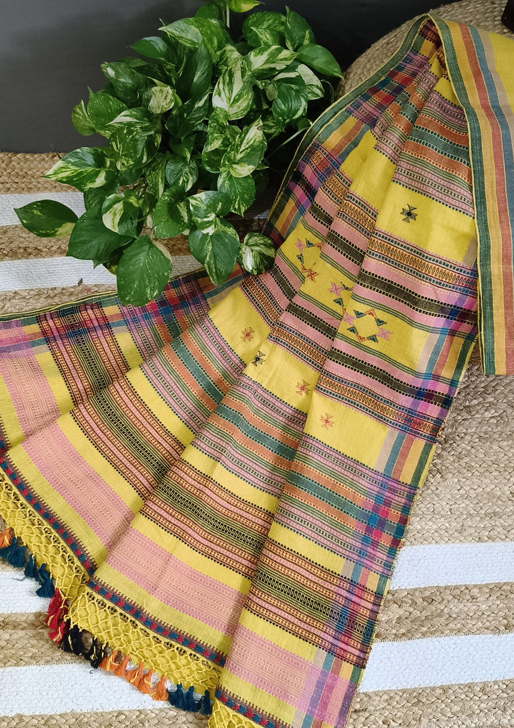 Bhujodi Kala Cotton Saree (Kutchi)- 3KC Yellow - Wefta