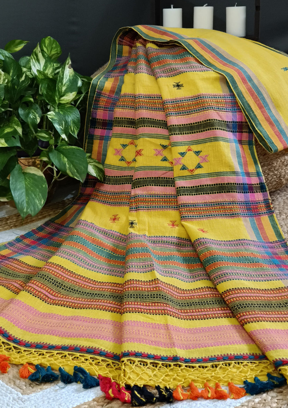 Bhujodi Kala Cotton Saree (Kutchi)- 3KC Yellow - Wefta