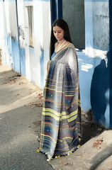 Bhujodi Kala Cotton Saree (Kutchi) - 4KC Navy Checks - Wefta
