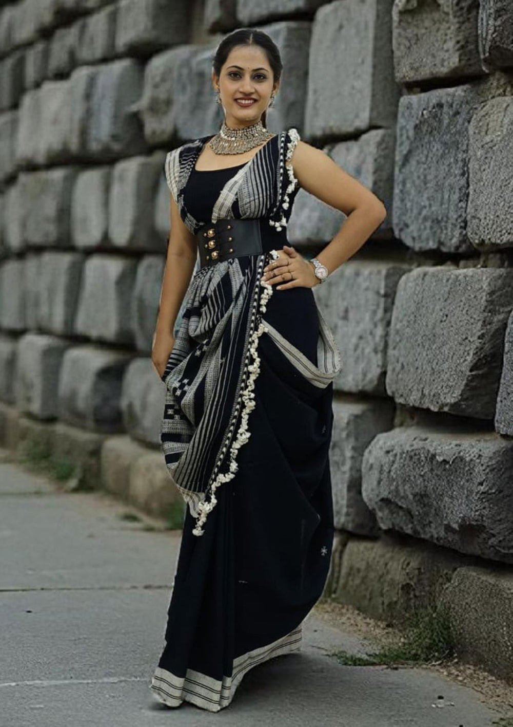 Bhujodi Kala Cotton Saree (Kutchi) - 5KC Black - Wefta