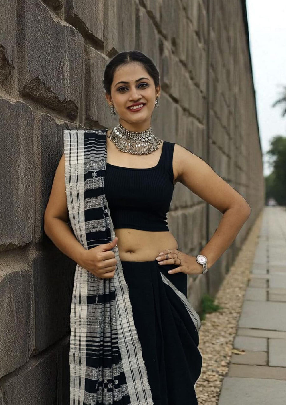 Bhujodi Kala Cotton Saree (Kutchi) - 5KC Black - Wefta