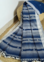 Bhujodi Kala Cotton Saree (Kutchi) - 6KC Blue - Wefta