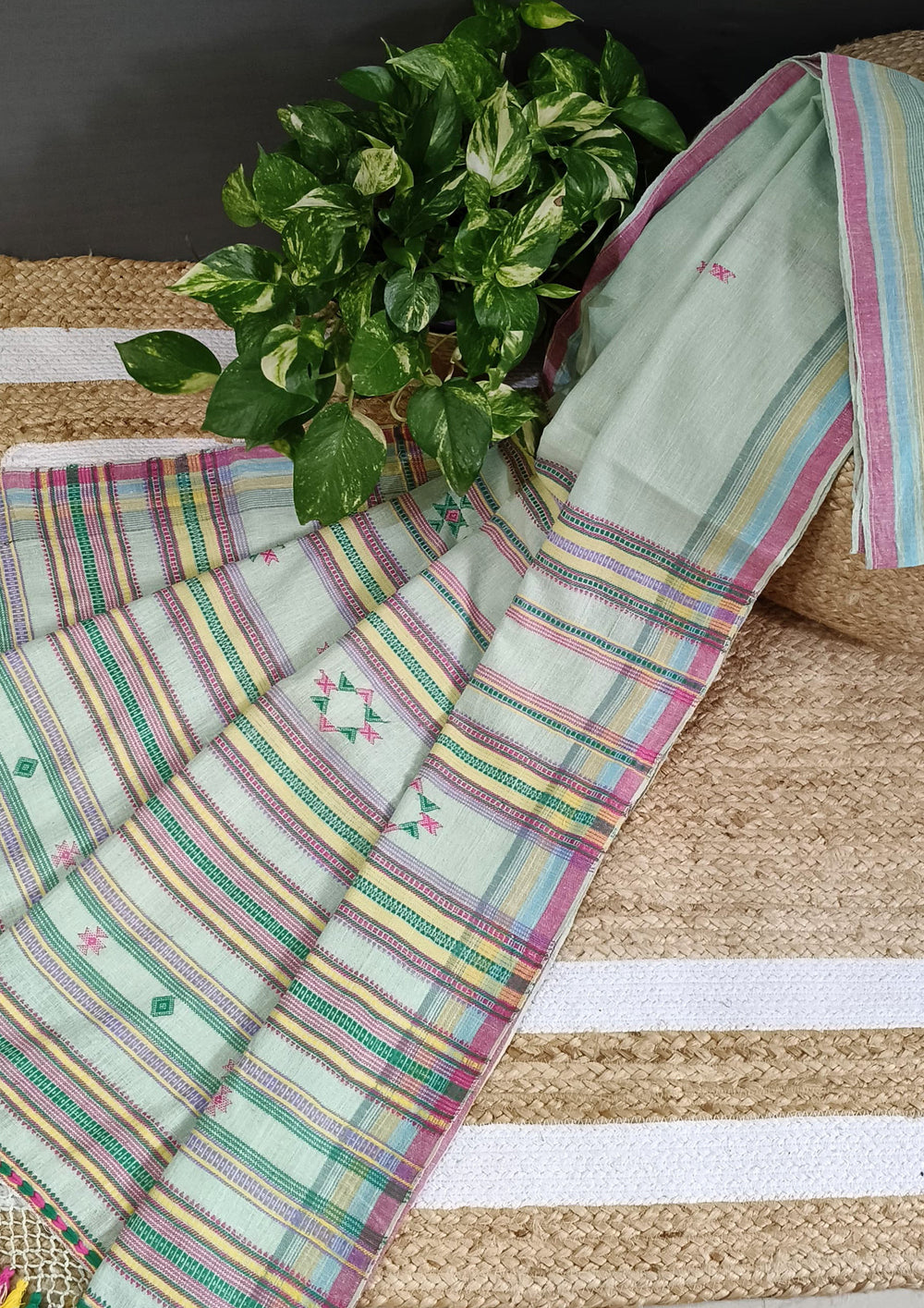 Bhujodi Kala Cotton Saree - Mint green - Wefta