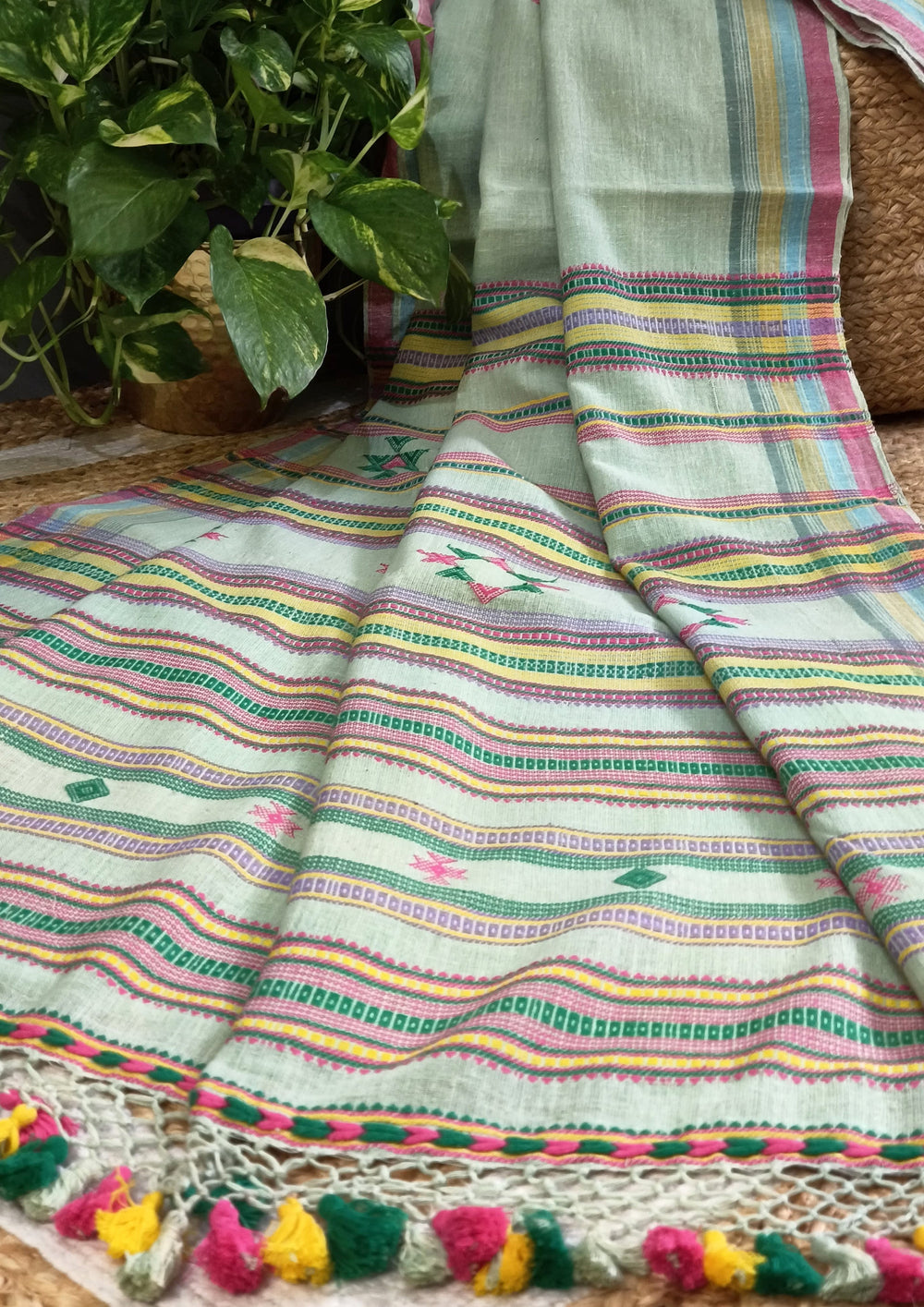 Bhujodi Kala Cotton Saree - Mint green - Wefta
