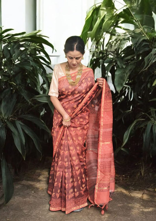 Dabu- Handblock print Chanderi Saree- 30 Maroon