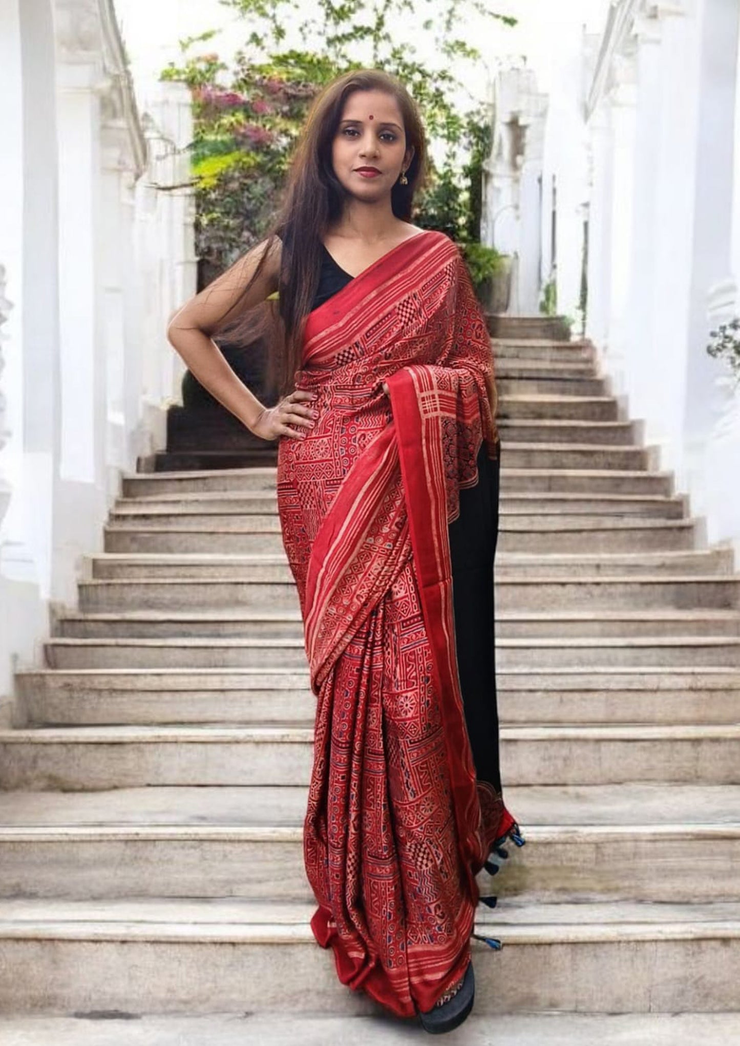 Ajrakh Handblock Printed Modal Saree- M13 Red
