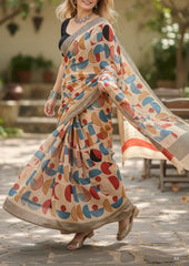 Block Printed Saree - Cream DP3 - Wefta
