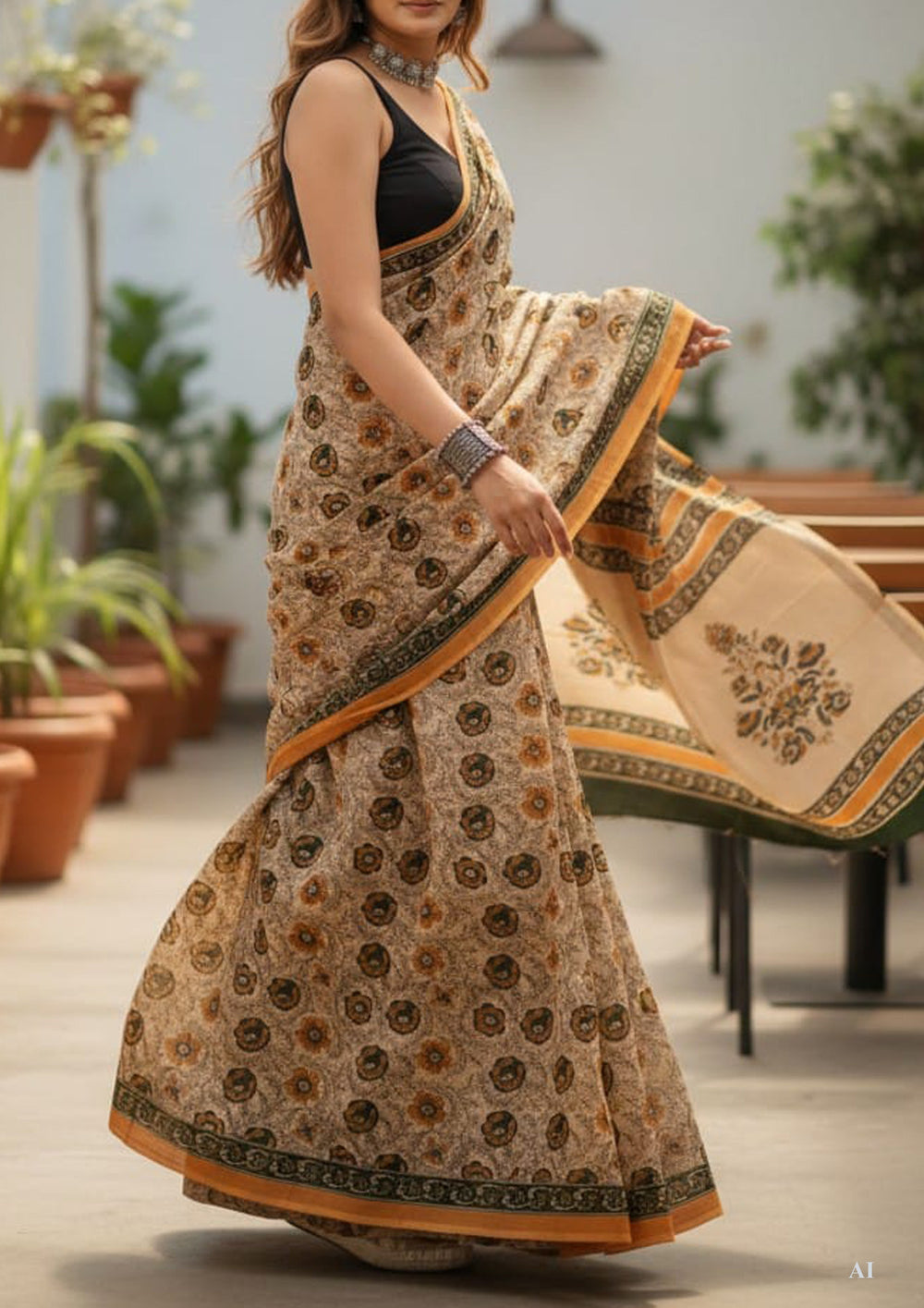 Block Printed Saree - Cream DP4 - Wefta