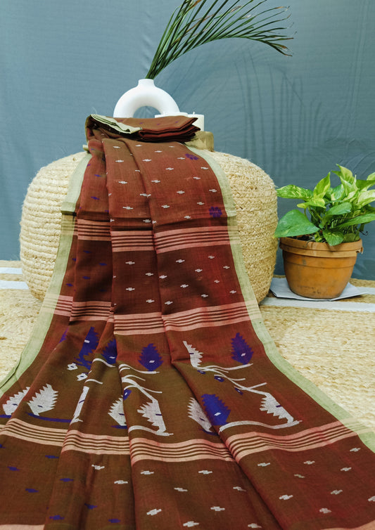 Cotton Jamdani Machi Buti Saree- Brown