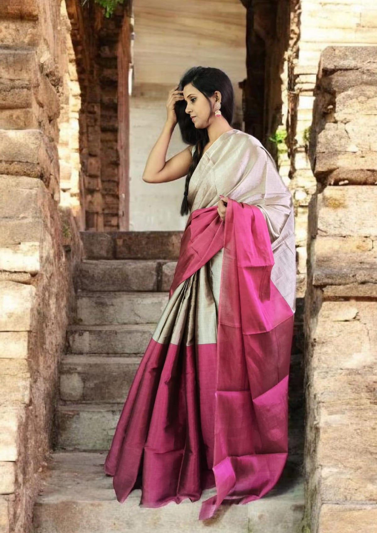 Chanderi Tissue Saree Dhup Chav- Pink & Copper