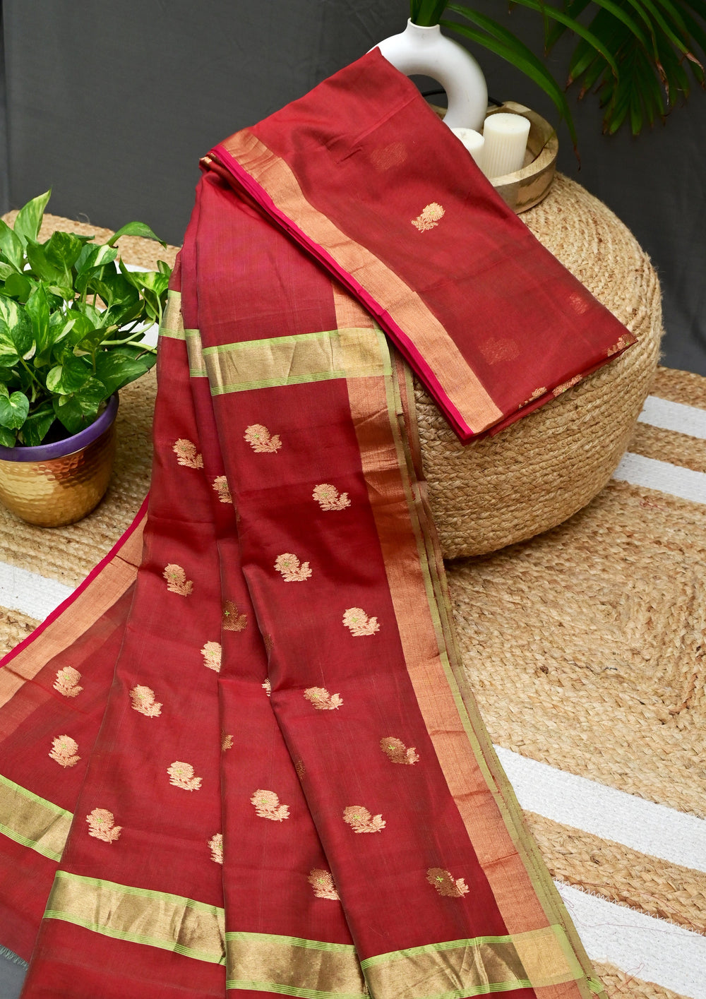 Chanderi Silk Meena Phool Saree- Red1 - Wefta