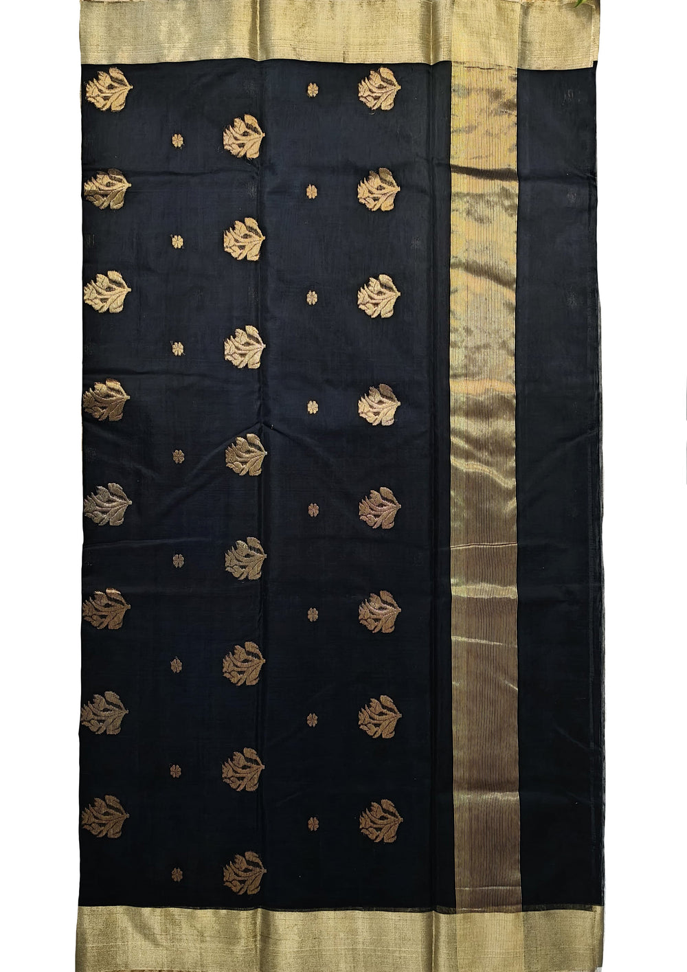 Chanderi Silk Saree - Bda phool buti - Black - Wefta