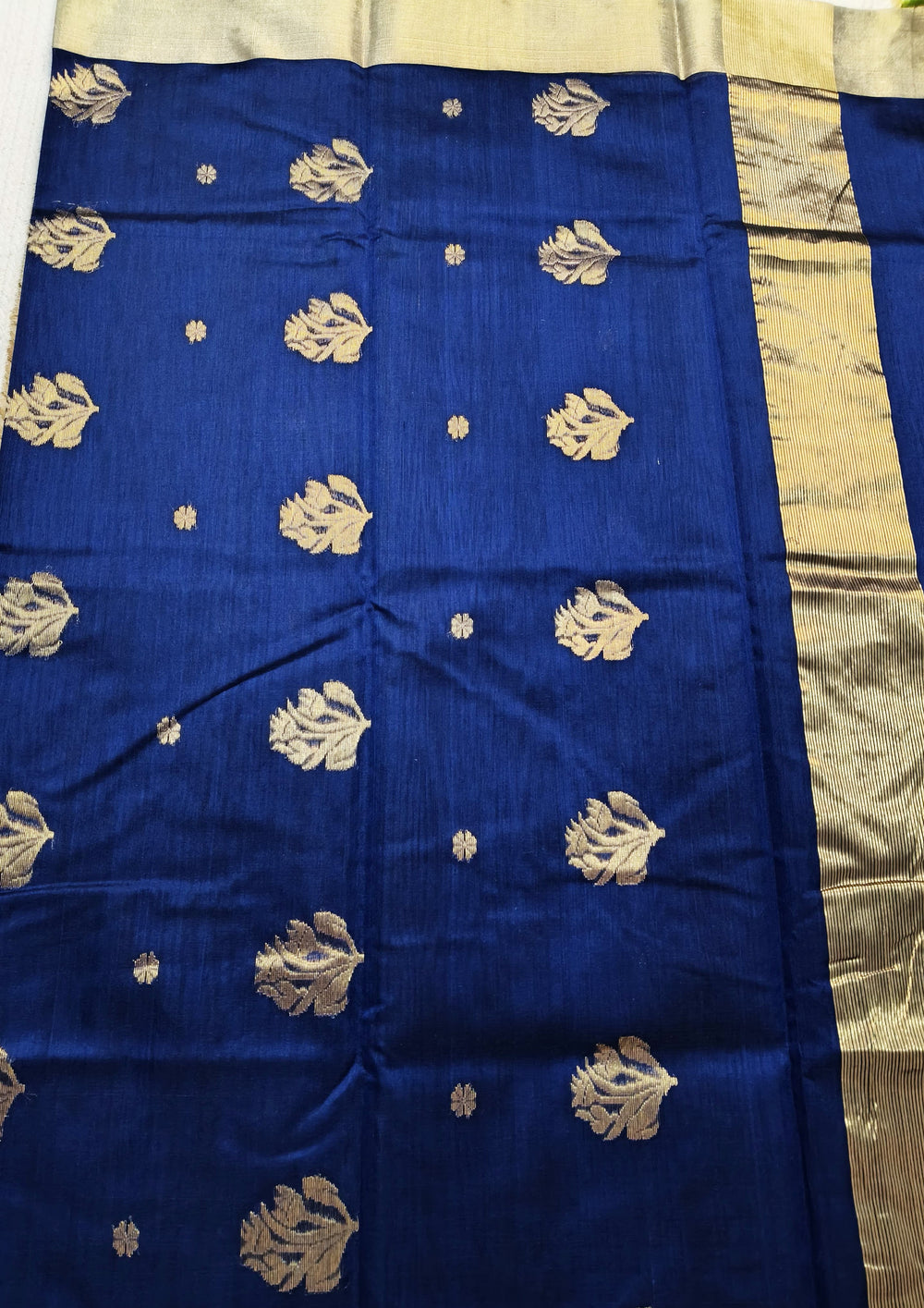Chanderi Silk Saree - Bda phool buti - Deep Blue - Wefta