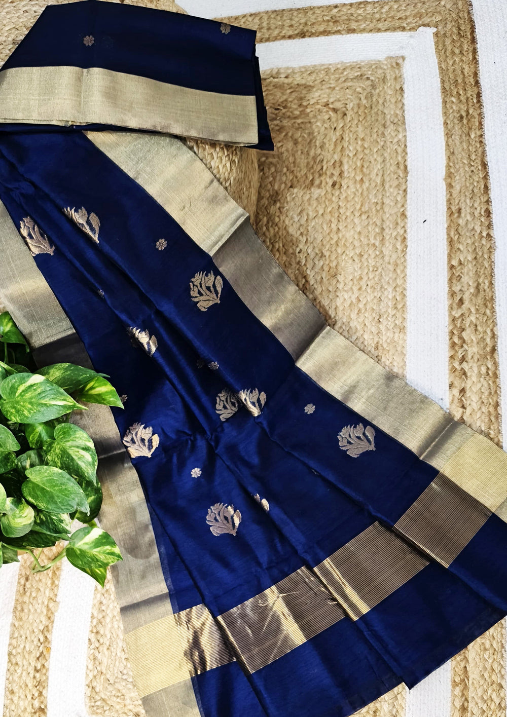 Chanderi Silk Saree - Bda phool buti - Deep Blue - Wefta