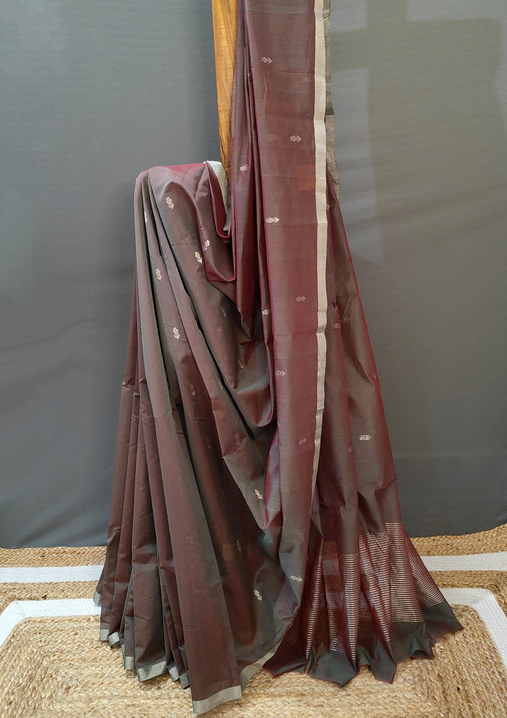 Chanderi Silk Saree Phool Buti- Brown - Wefta