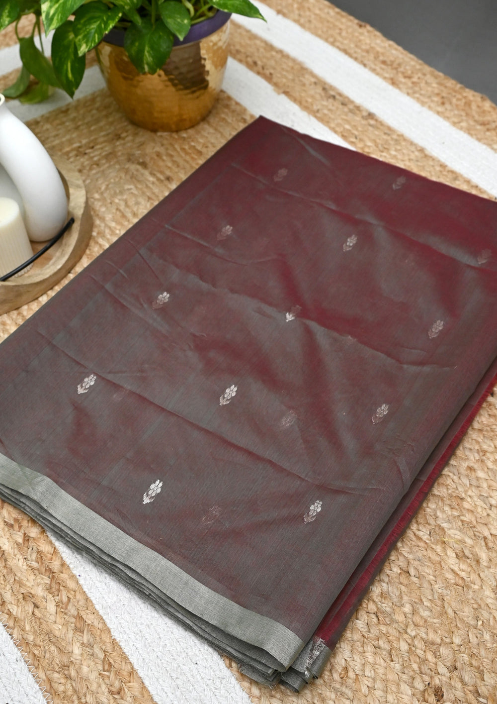 Chanderi Silk Saree Phool Buti- Brown - Wefta