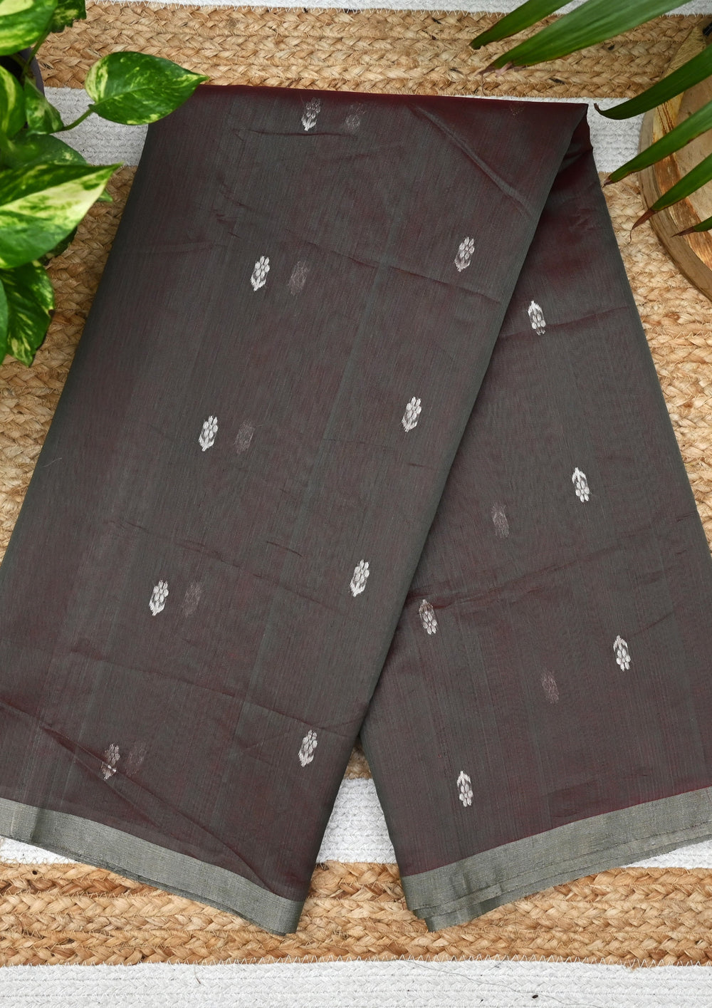 Chanderi Silk Saree Phool Buti- Brown - Wefta