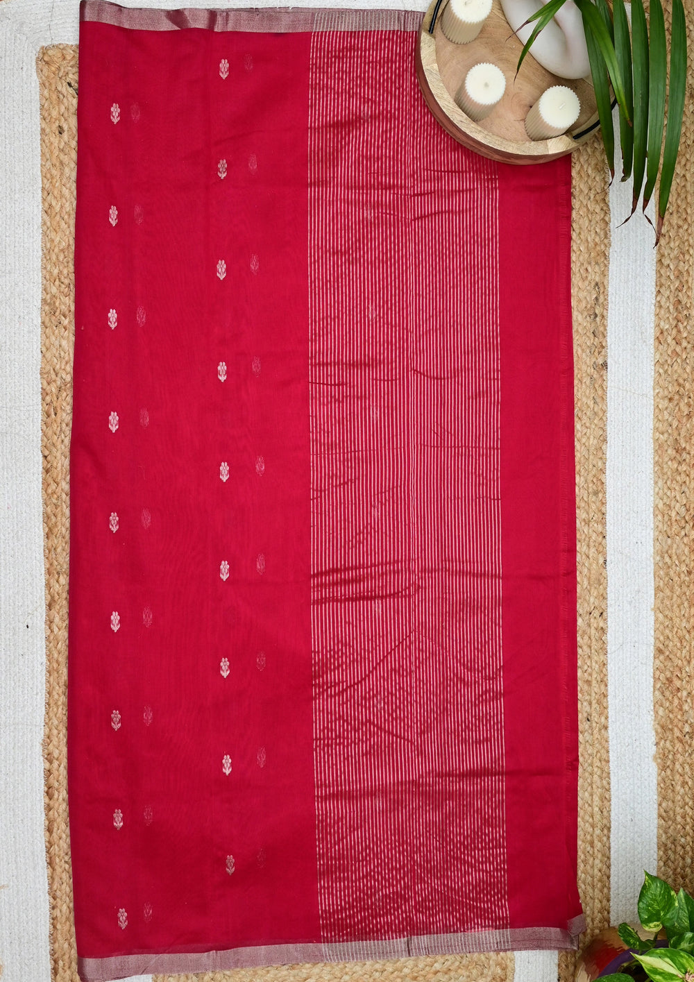 Chanderi Silk saree Phool Buti - Red - Wefta