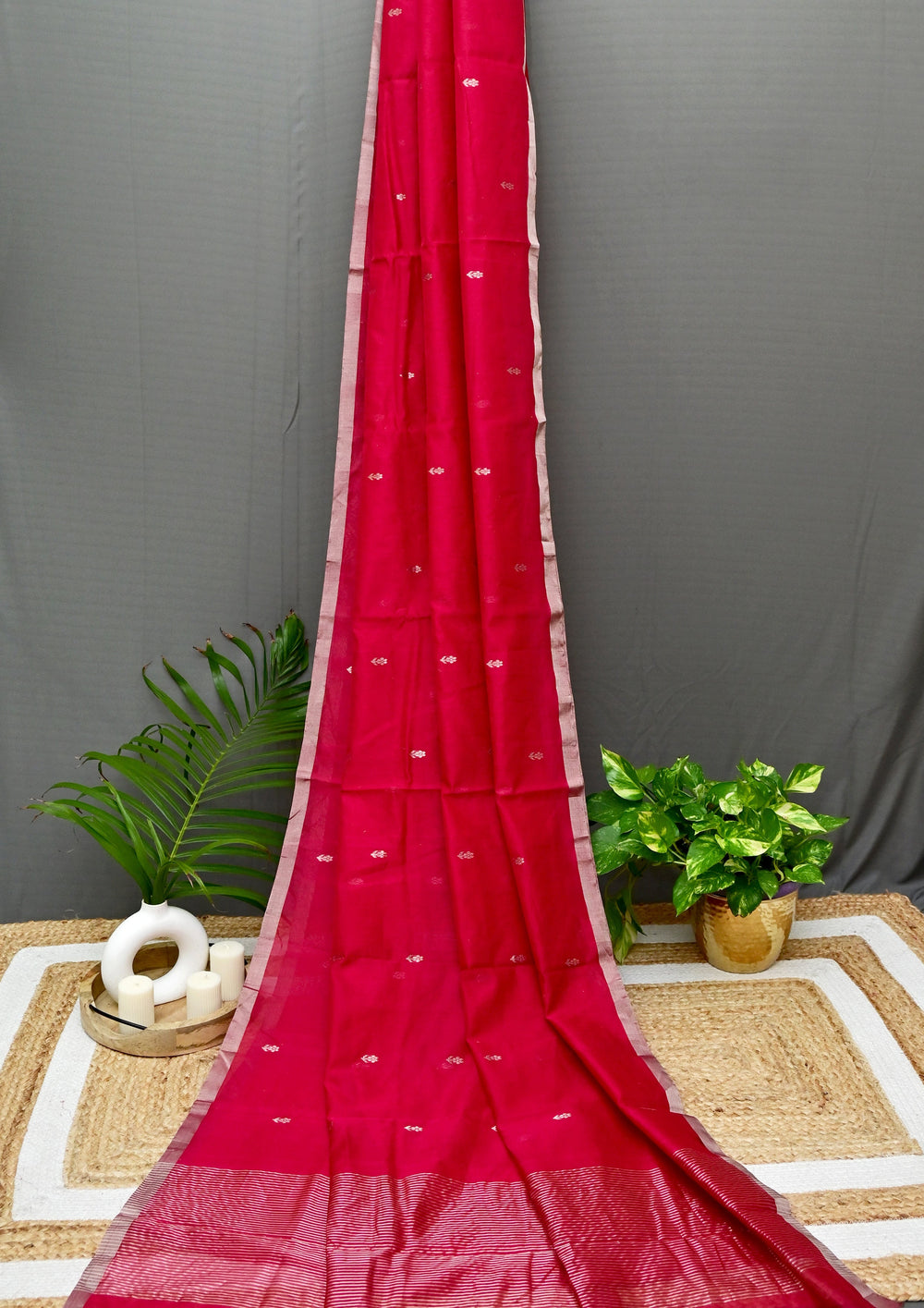 Chanderi Silk saree Phool Buti - Red - Wefta