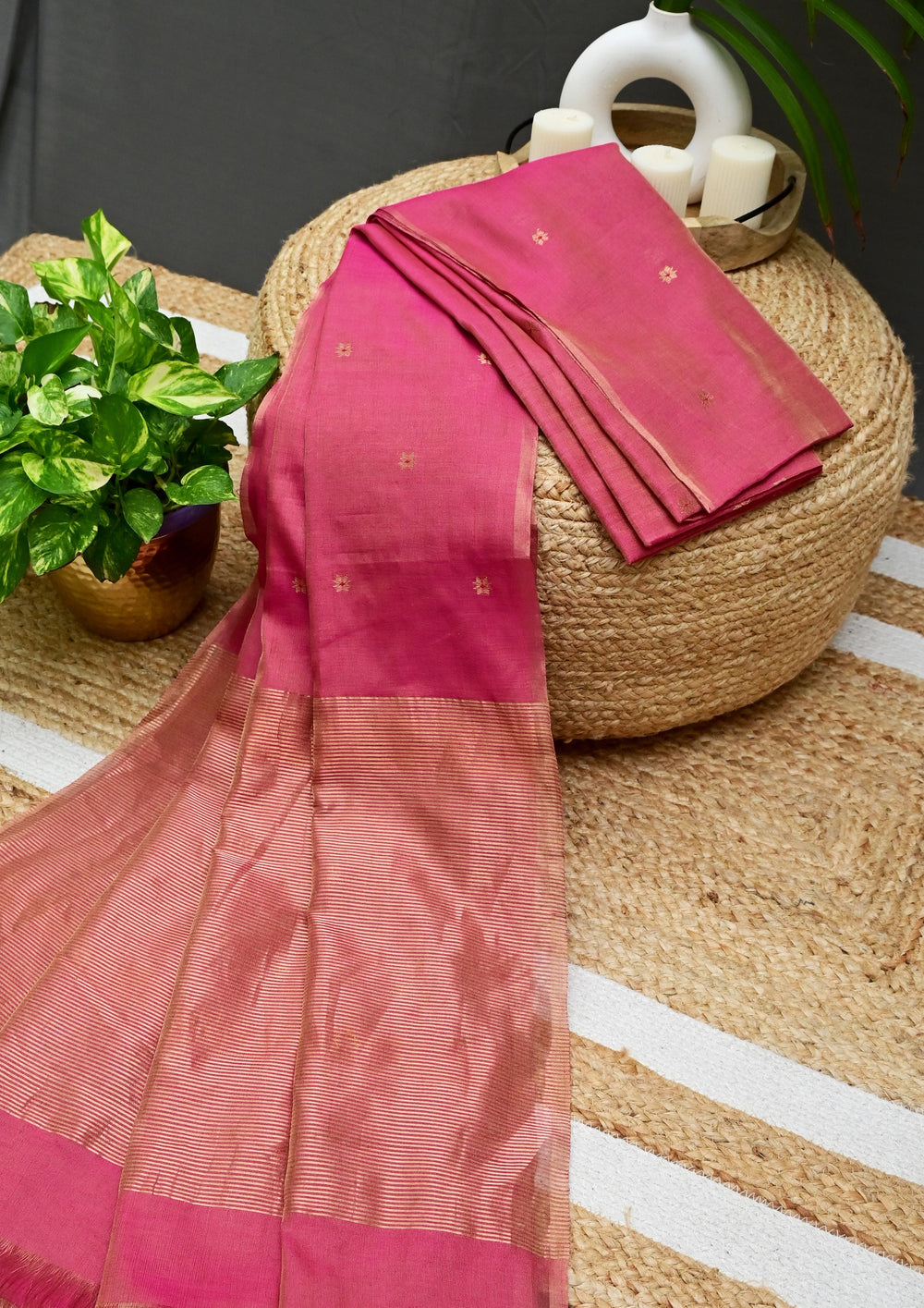 Chanderi Silk Saree Tissue- Pink - Wefta