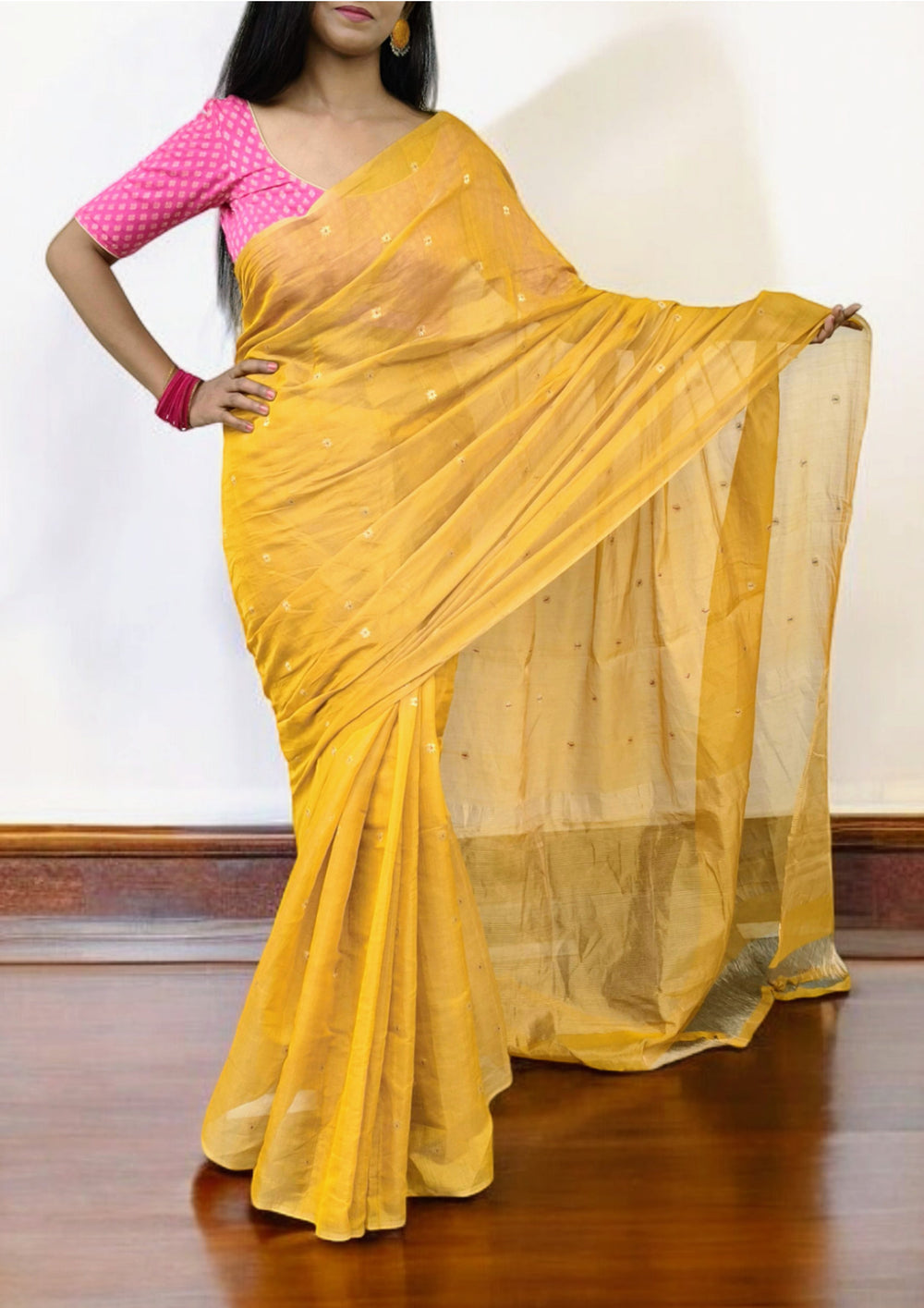 Chanderi Silk Tissue Saree- Mustard yellow - Wefta