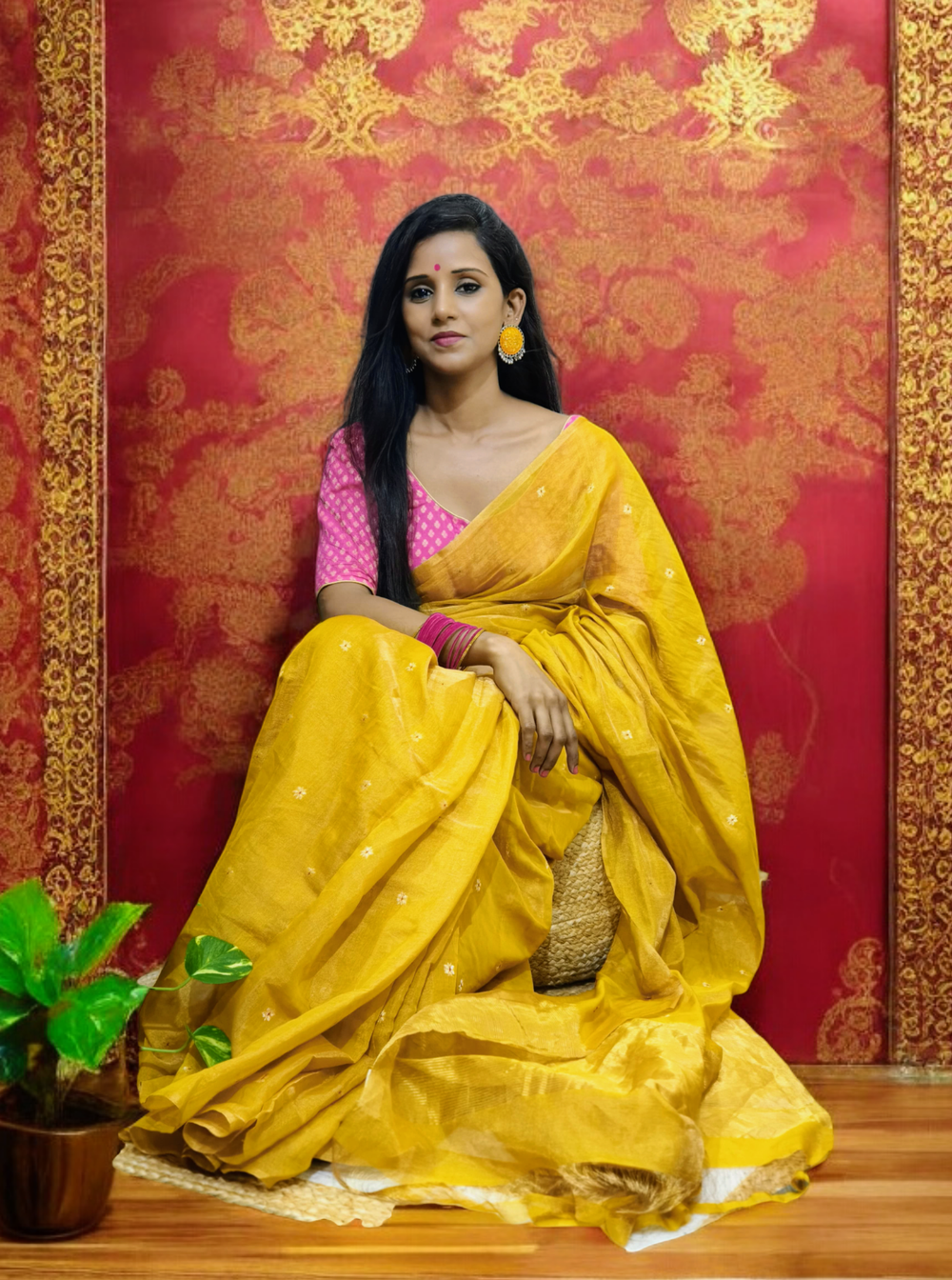 Chanderi Silk Tissue Saree- Mustard yellow - Wefta