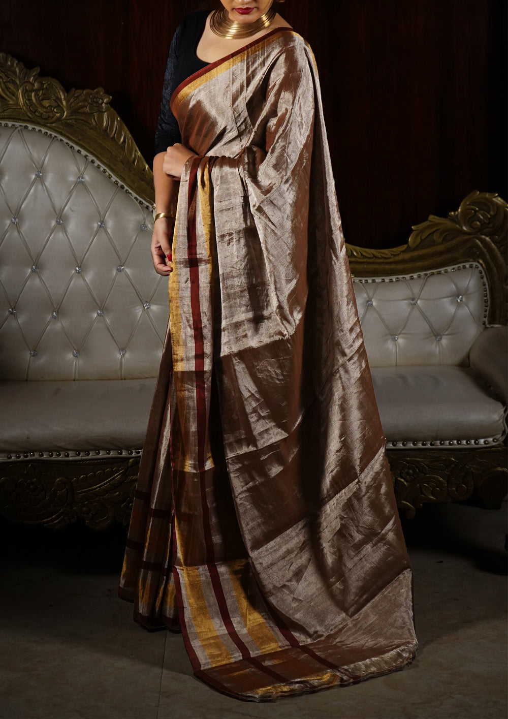 Chanderi Tissue Saree - Copper stripes - Wefta