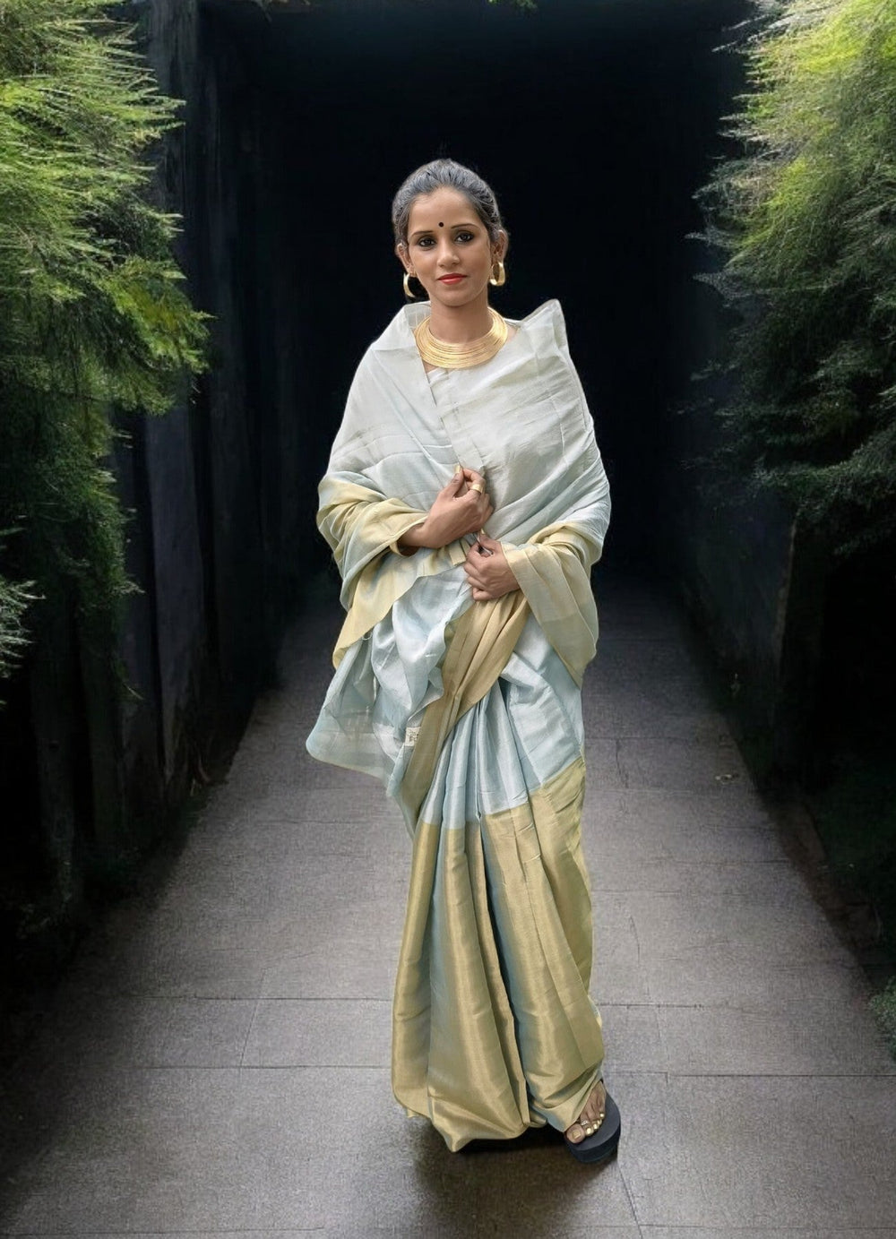 Chanderi Tissue Saree Dhup Chav- Blue Gold - Wefta