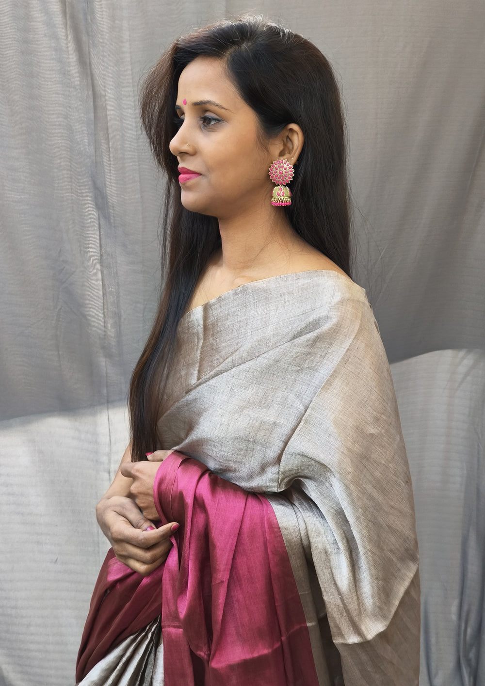Chanderi Tissue Saree Dhup Chav - Pink & Copper - Wefta