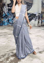 Cotton Jamdani Arrow Buti Saree - Denim blue - Wefta
