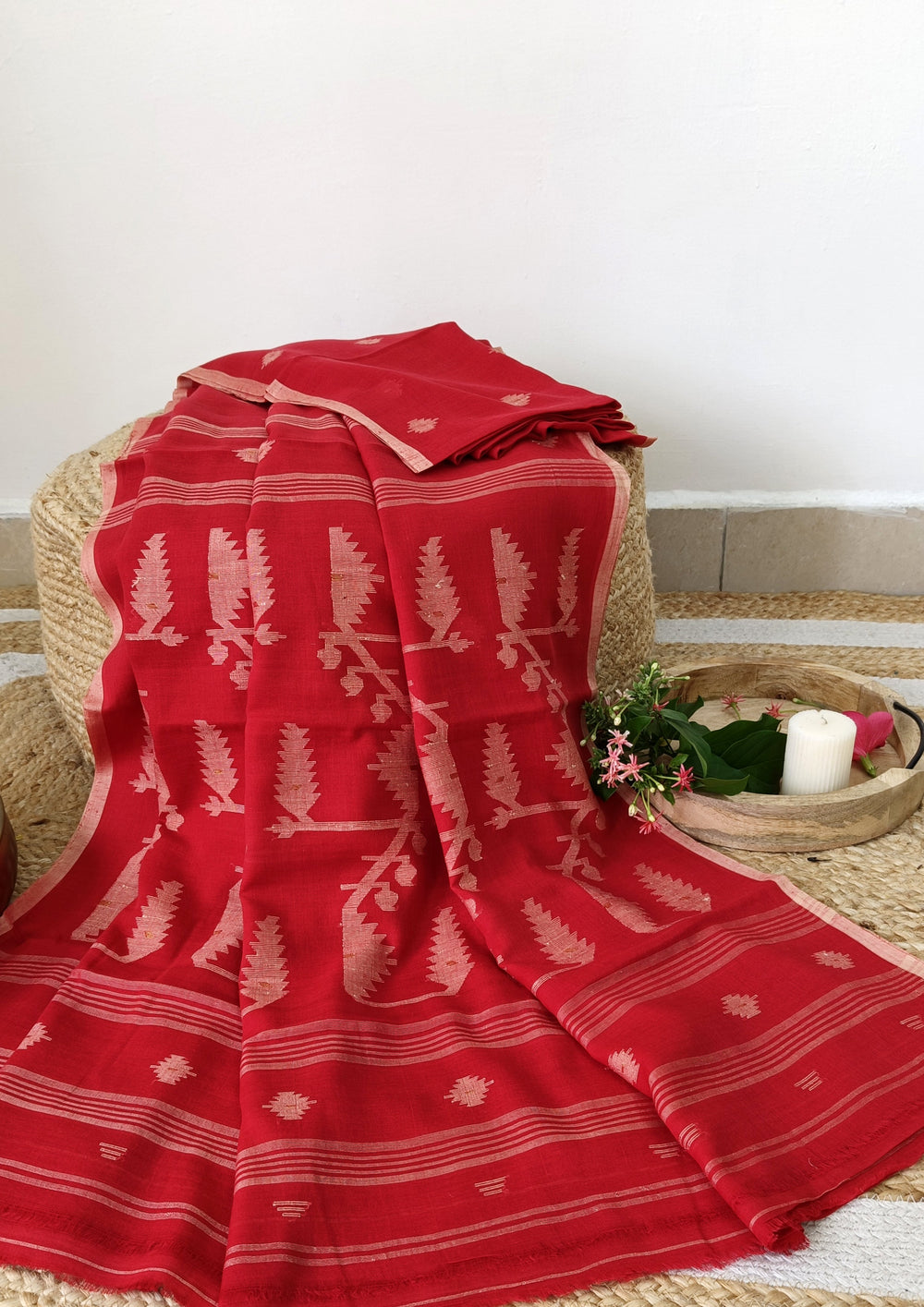 Cotton Jamdani Buti J23 - Red - Wefta