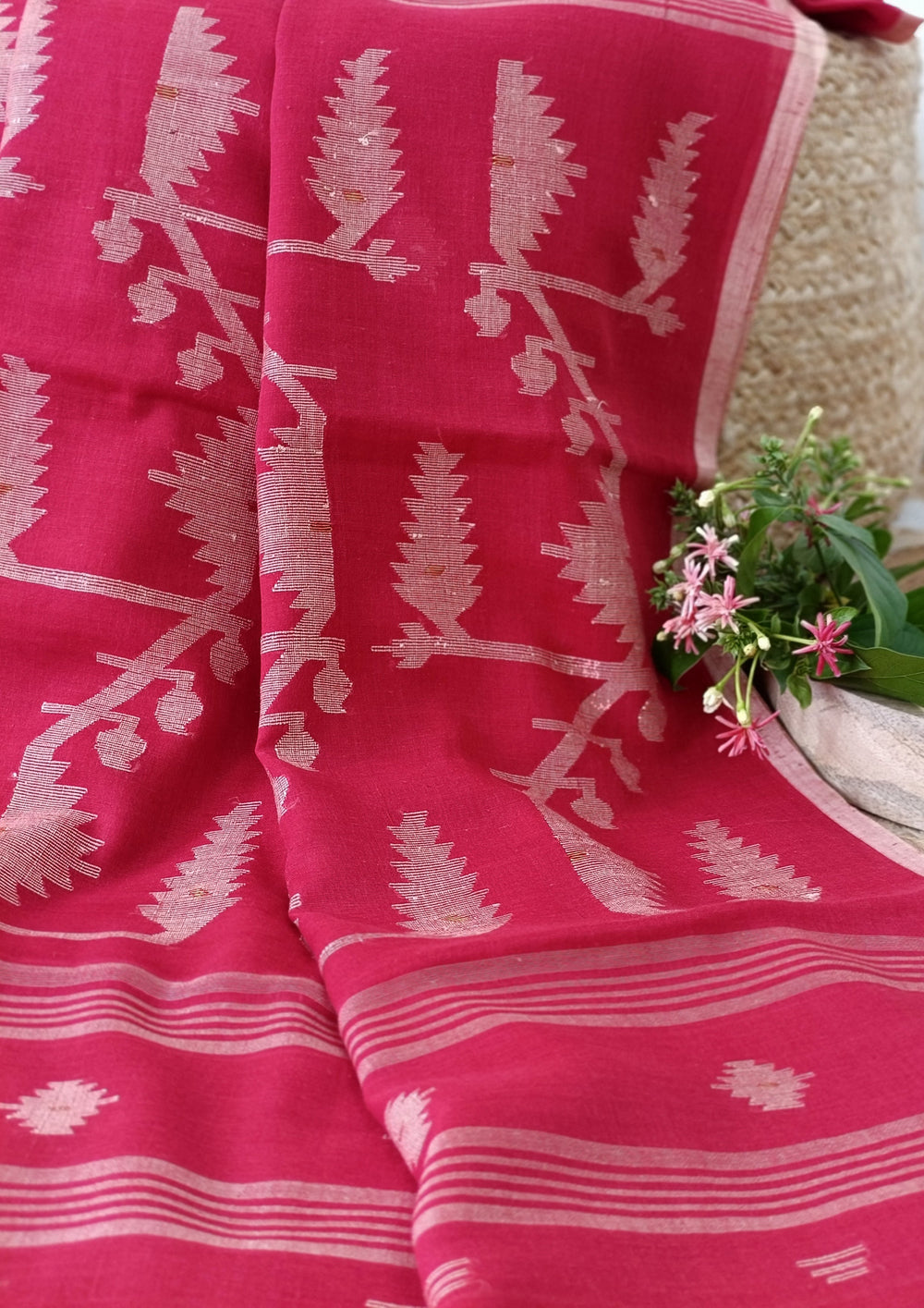 Cotton Jamdani Buti J23 - Red - Wefta