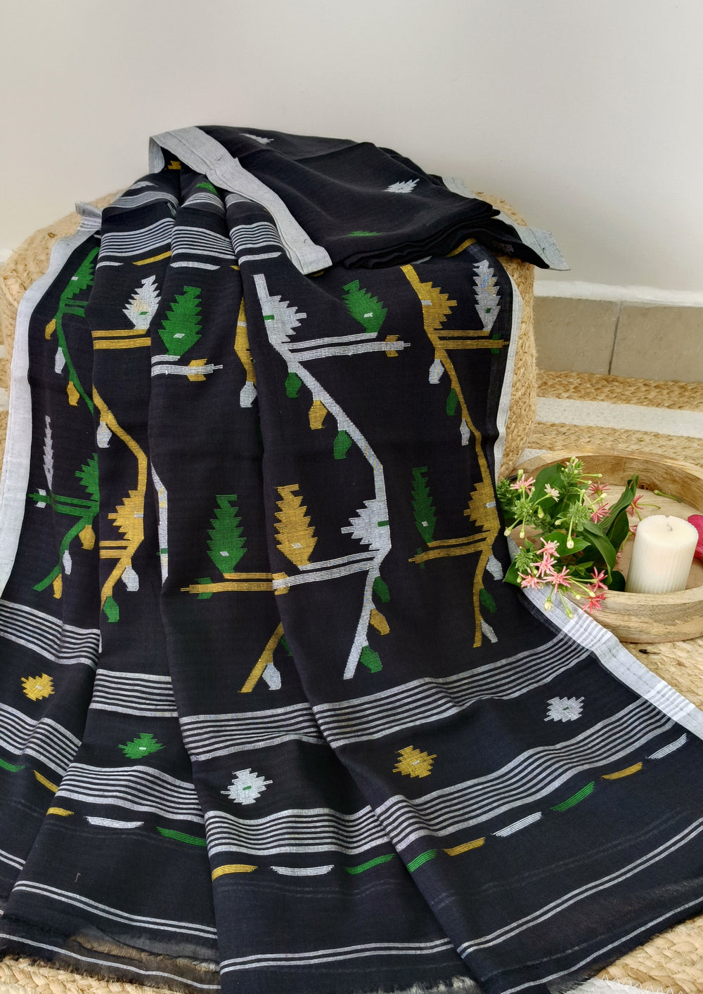 Cotton Jamdani Buti J24 - Black - Wefta