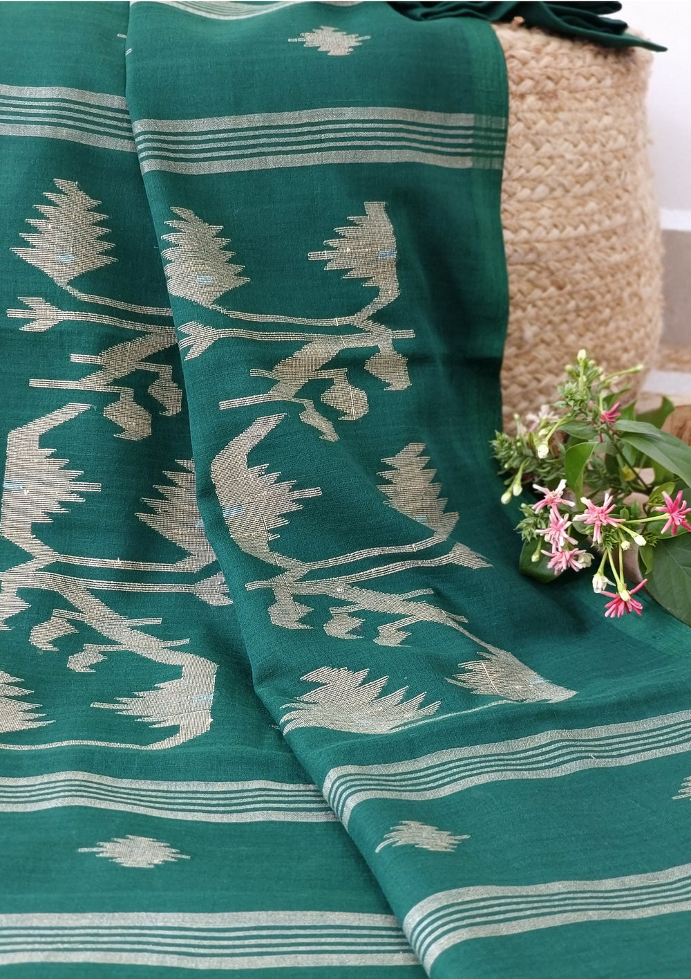 Cotton Jamdani Buti J25 - D Green - Wefta
