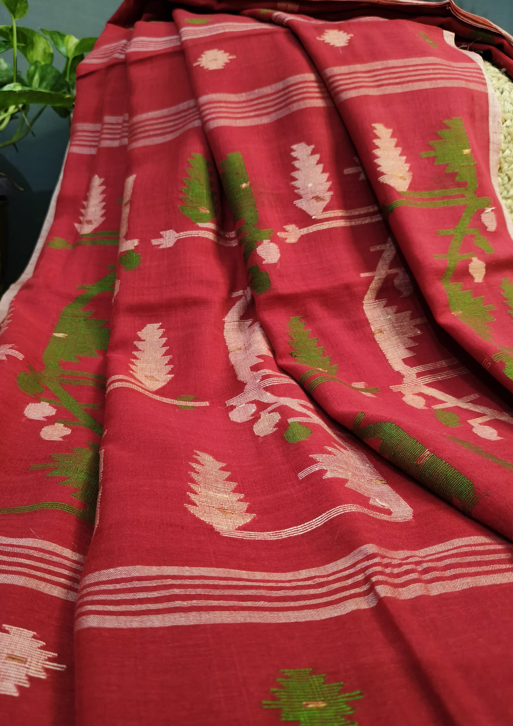 Cotton Jamdani Machi Buti- Red - Wefta