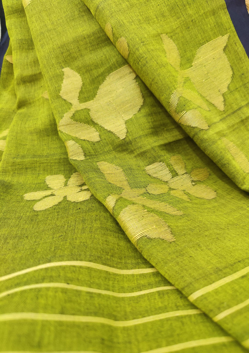 Cotton Jamdani Phool Buti Saree- Green - Wefta