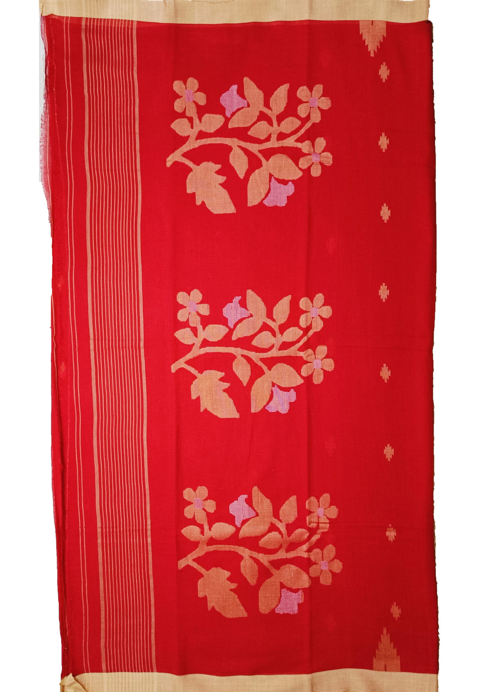 Cotton Jamdani Phool Buti Saree- Red - Wefta