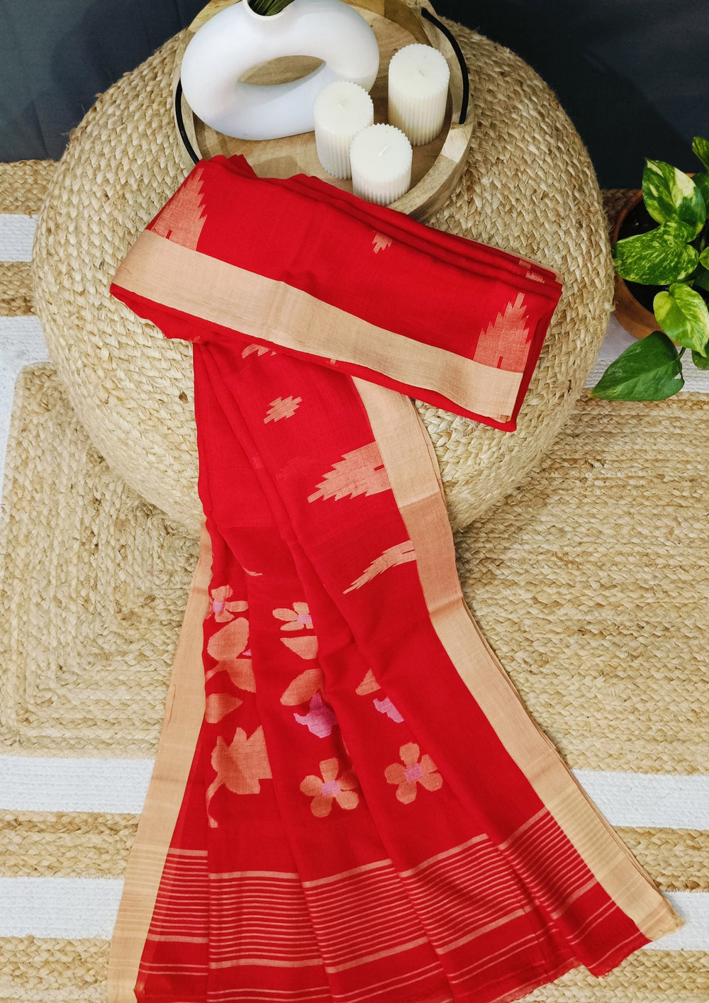 Cotton Jamdani Phool Buti Saree- Red - Wefta