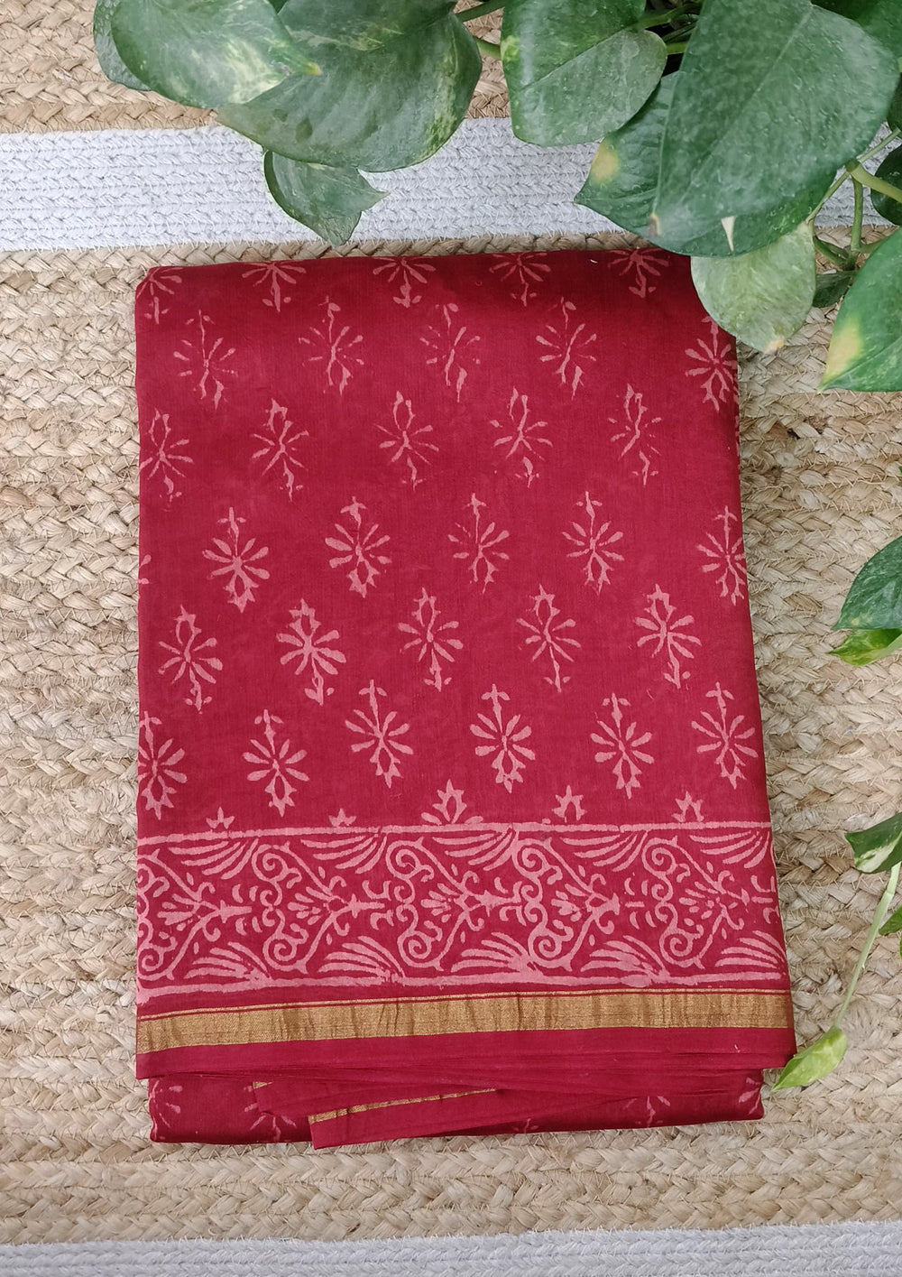 Dabu - Handblock print Chanderi Saree - 28 Red - Wefta