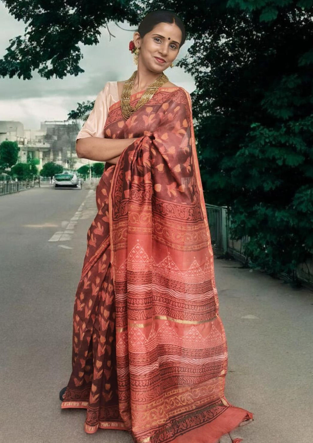Dabu - Handblock print Chanderi Saree - 30 Maroon - Wefta