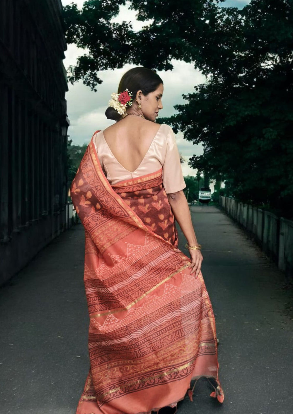 Dabu - Handblock print Chanderi Saree - 30 Maroon - Wefta